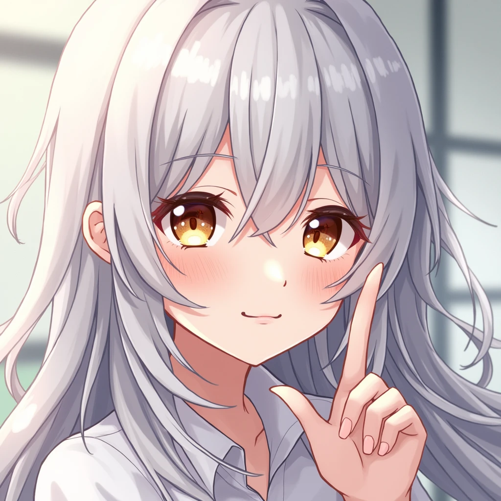 Silver Hair　White skin　woman　anime　smile　Long Hair　Home　Golden Eyes