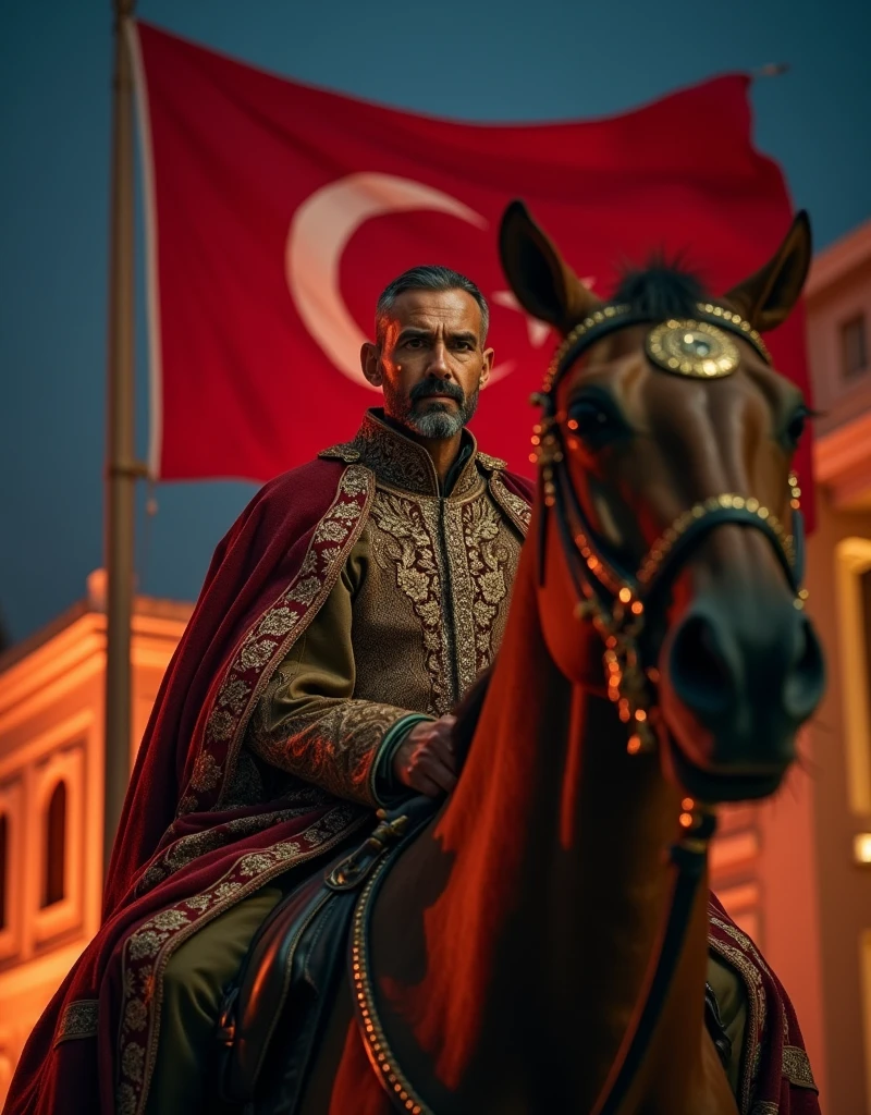 A 50-year-old man, looking at the camera.  The eyes are right.  Fingers crossed, night.  Back light red, in the clothes of the Ottoman Empire.   Sitting on a royal horse, fit and fit.   tall Details above.   High quality.   whole body The Ottoman flag is behind his mansion.