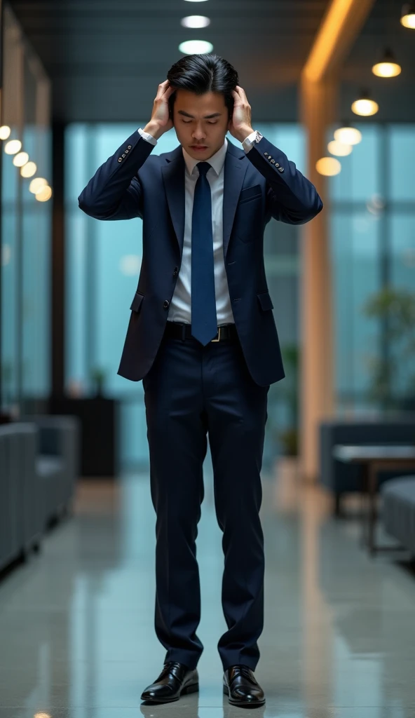 Create a handsome Asian man,Beautiful big eyes,Standing on the ground,Wearing a black and blue business suit,Scratching the scalp with both hands,There is a lot of dandruff on the top of the head,White fine dandruff on the top of the head,The expression is unhappy,The characters are realistic and realistic,Office Background,9:16 frames,Ultra-high-definition picture quality