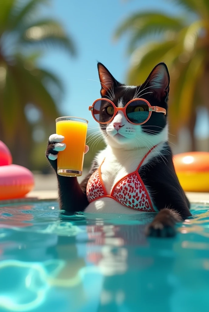 Black and white female cat wearing bikini and sun glasses with an orange juice at the pool.