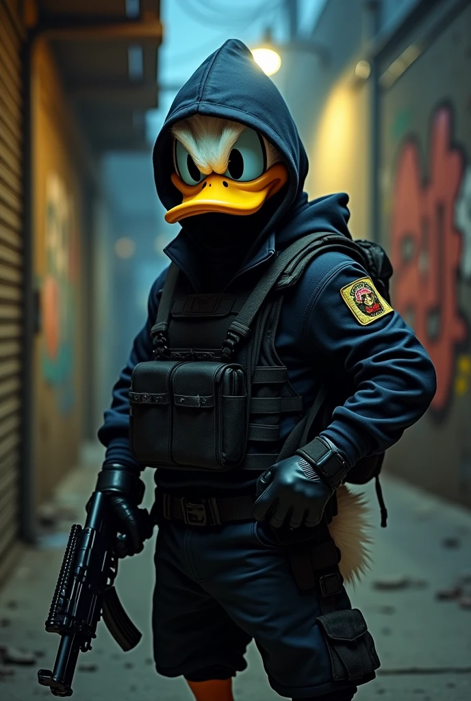 Donald Duck with his face covered by a balaclava, looking very warlike in the Sinaloa style, with a rifle slung over his shoulder and a Glock tucked into his belt, all dressed in black and hooded.
