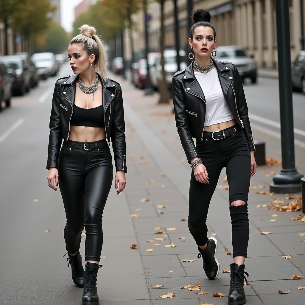 Old russian milf, platinum blonde hair in top bun ,with very light blue eyes, pale, heavy eye shadow s. Wearing black moto jacket, cropped rock t-shirt, black leather jeans and white tennis sneakers. Scared