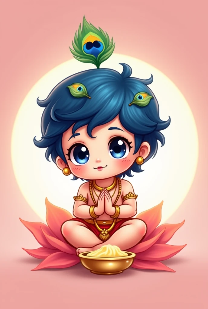 A cute, chibi style illustration of Krishna with big eyes, a peacock feather headdress, and a yellow dhoti. He is sitting cross-legged on a pink flower petal with a bowl of butter in front of him. The background is a soft pink with a white halo around him. A cute cartoon illustration of a sister tying a rakhi on krishna's wrist, with a emotional expression on sisters face and relaxed and care on krishna's faces. The background is a soft pink color with a mandala pattern in the corner.
