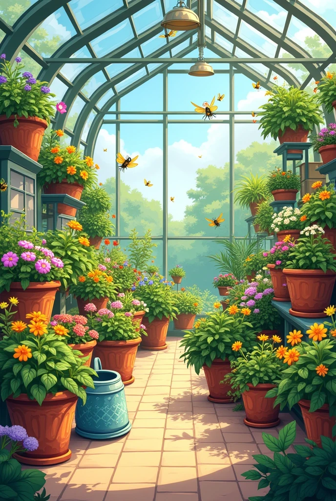 Some flower pots with plants inside a huge greenhouse, illustration. Cartoon.