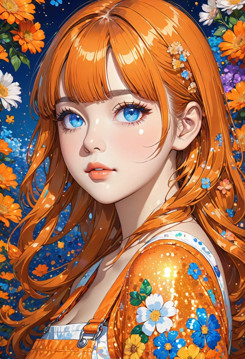 Big fat girl in tight  orange sundress, ,Lineartnime, anime simple style
1woman.flower painting on sequins overalls.sequins shinywhite lips. eyeshadow.shinywhiteeyeliner.bustshot.(ultradetailed:1.4).16K.bestshot.musterpiece.,starrystarscloudcolorful, 1girl,blunt bangs, orange  hair,long hair,blue eyes,solo,