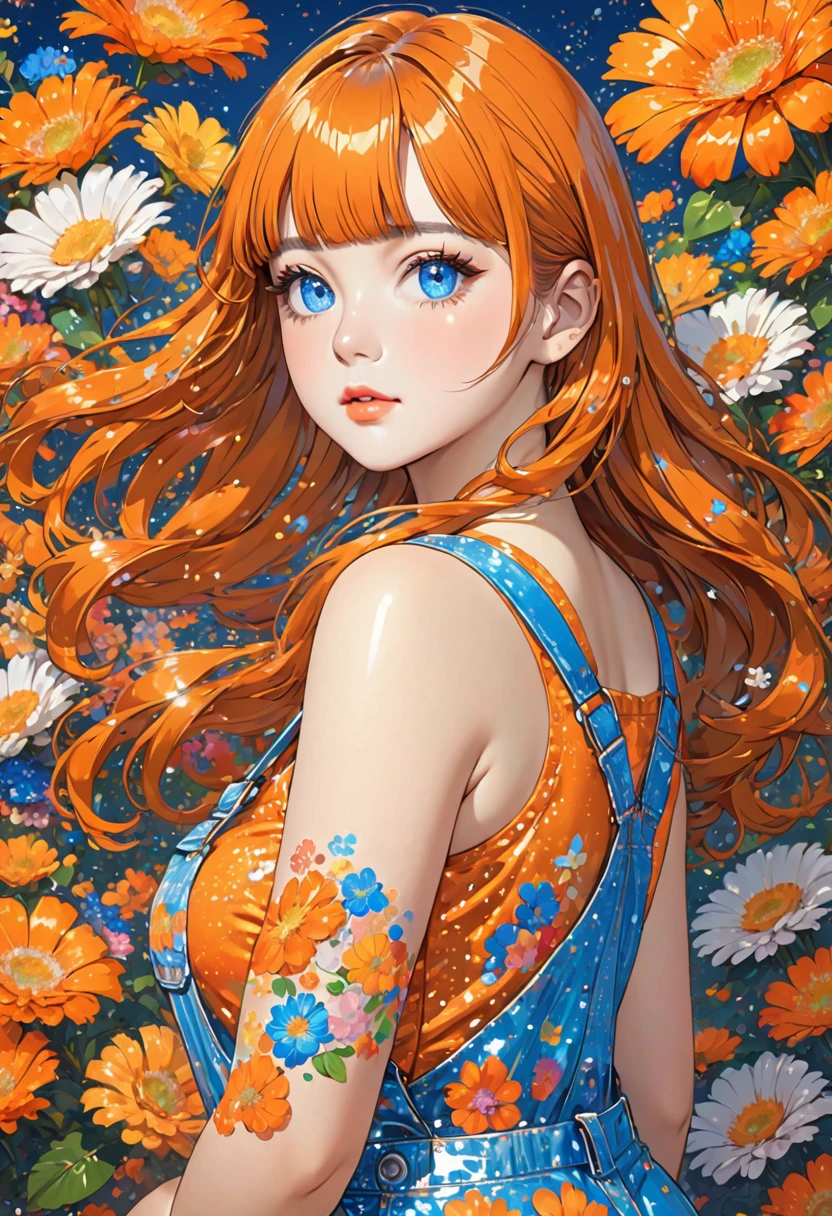 Big fat girl in tight  orange sundress, ,Lineartnime, anime simple style
1woman.flower painting on sequins overalls.sequins shinywhite lips. eyeshadow.shinywhiteeyeliner.bustshot.(ultradetailed:1.4).16K.bestshot.musterpiece.,starrystarscloudcolorful, 1girl,blunt bangs, orange  hair,long hair,blue eyes,solo,