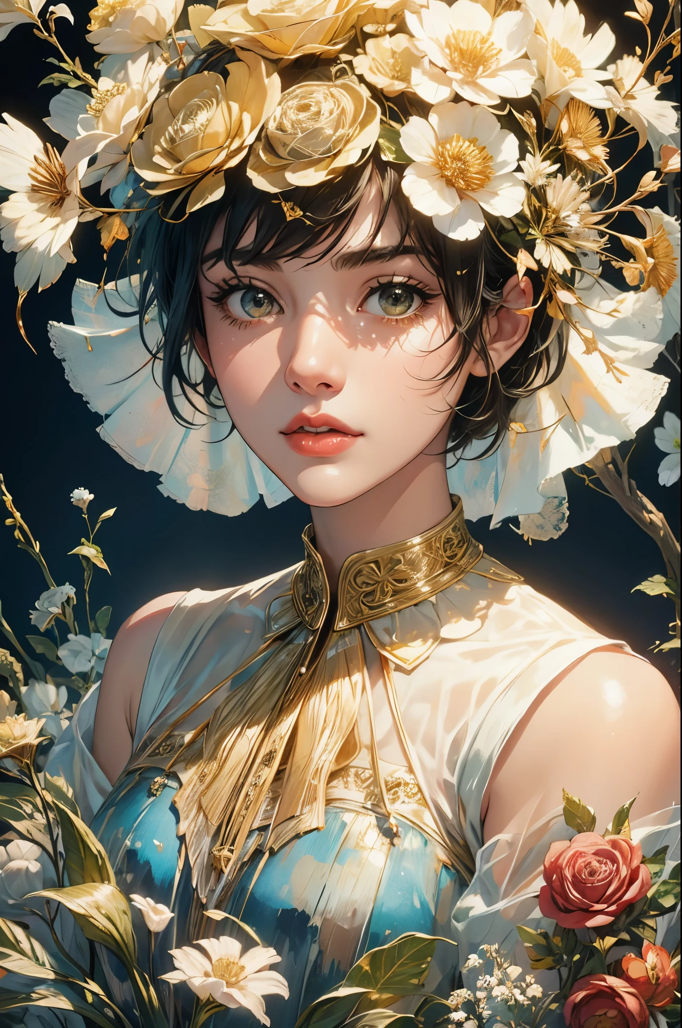 Robert McGinnis' paintings, tempera paintings, portraits, short-haired, dark-haired, short-haired, small-breasted, small breasts, small breasts, (top quality, masterpiece, ultra-real), portrait of one beautiful and delicate girl with a soft and peaceful look, the landscape in the background is a garden with flowering bushes and butterflies flying around.