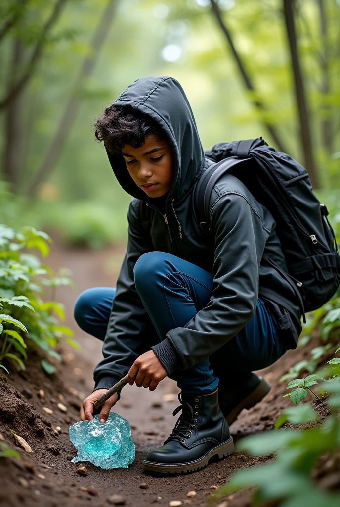 A hooded guy in the wild trying to preserve the minerals. He has light caramel skin, thick eyebrows and ruly black hair. He wears a dark blue pants and a black back pack
Show drafts
