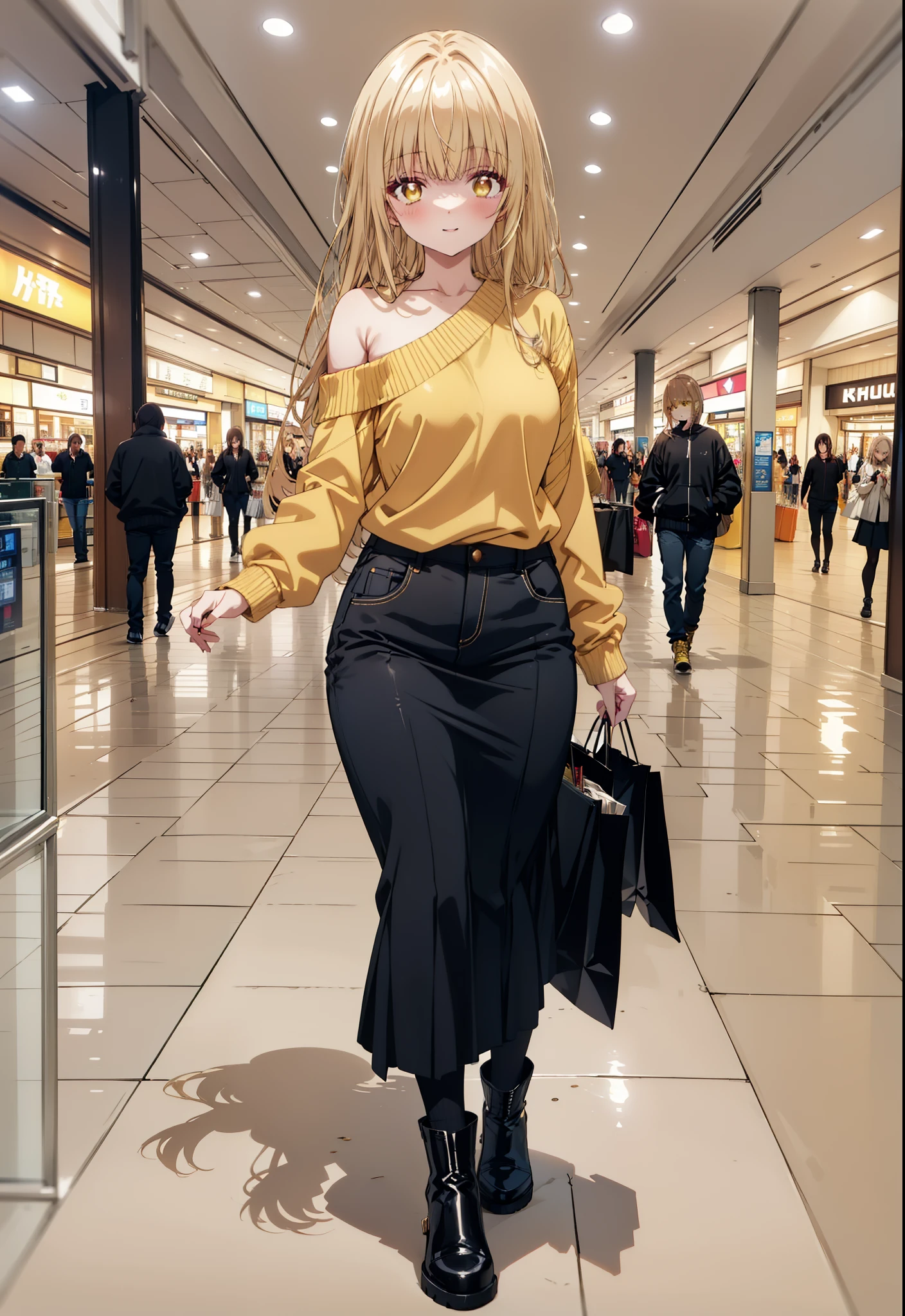 mahirushiina, mahiru shiina, Long Hair, bangs, Blonde, Brown Hair, (Yellow Eyes:1.3), smile,One-shoulder sweater,Long skirt,Black pantyhose,short boots,Walking,whole bodyがイラストに入るように,
break indoors, Shopping mall,
break looking at viewer, whole body,
break (masterpiece:1.2), Highest quality, High resolution, unity 8k wallpaper, (figure:0.8), (Beautiful attention to detail:1.6), Highly detailed face, Perfect lighting, Highly detailed CG, (Perfect hands, Perfect Anatomy),