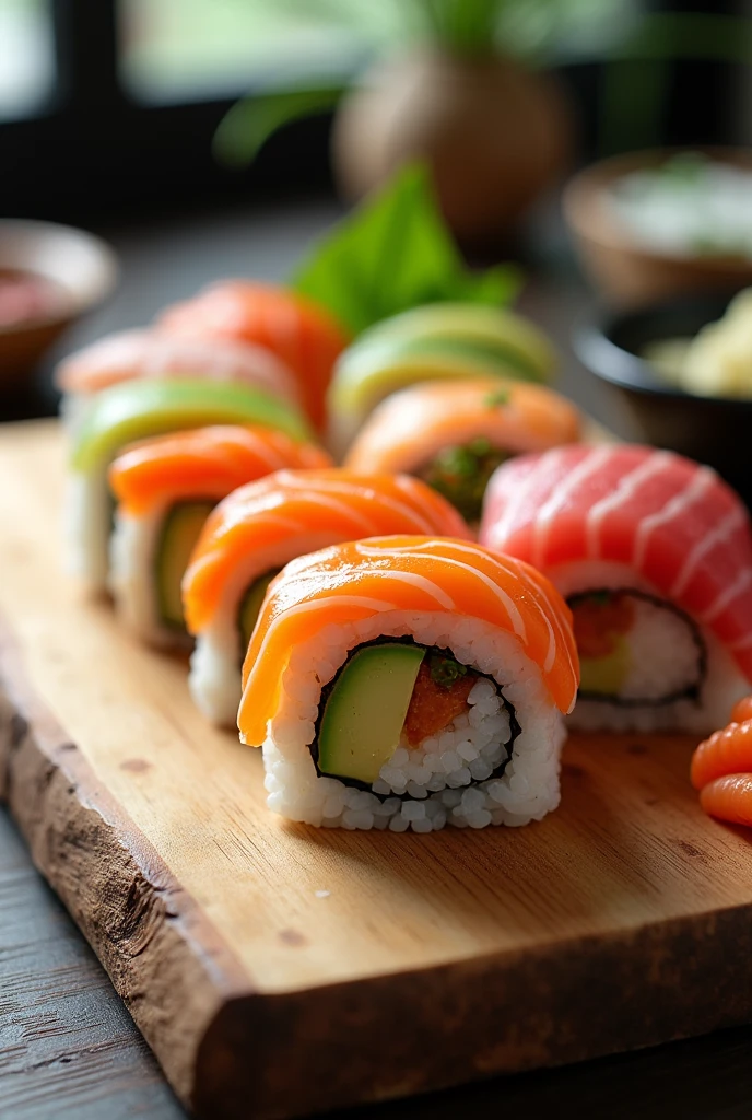 draw japanese rolls on a wooden cutting board