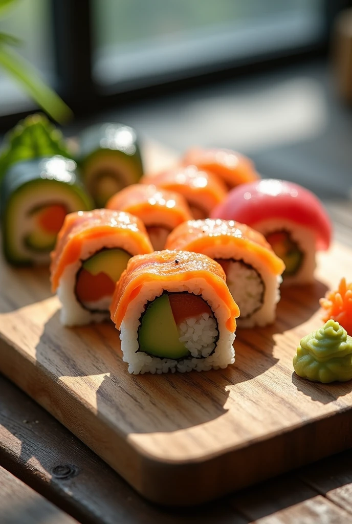 draw japanese rolls on a wooden cutting board