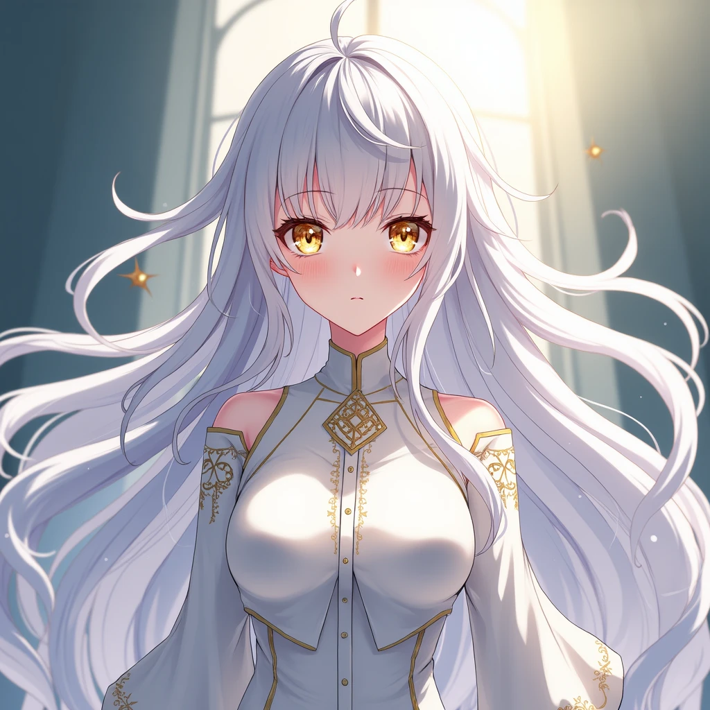 Silver Hair White skin woman anime Long Hair Home Golden Eyes whole body