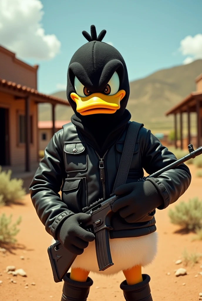 Donald Duck with his face covered with a balaclava, looking very warlike in Sinaloa style, with a rifle slung over his shoulder and a Glock tucked in his waistband, all dressed in black and hooded, in a ranch.