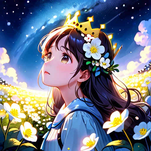 ((best quality)), ((masterpiece)), (detailed), 1girl, In the moonlight、A girl wearing a crown of evening primroses on her head、Looking up at the night sky。A group of evening primroses surround the girl.、A fantastic space spreads out。An illustration、pastel colour、Dreamy atmosphere