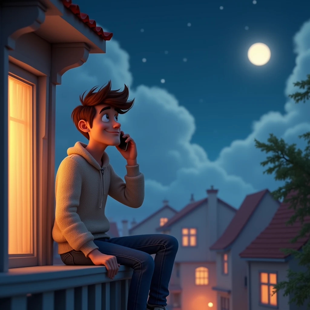 Create a cute, stylish,beautiful realstic 3d animated-style image featuring top of the terrace home sitting
realstic man Flynn tangled speaking his mobile on his ear should be on a home balcony, looking up at fluffy night time clouds in the sky. The background should show a calm, serene scene with a few trees or rooftops visible.