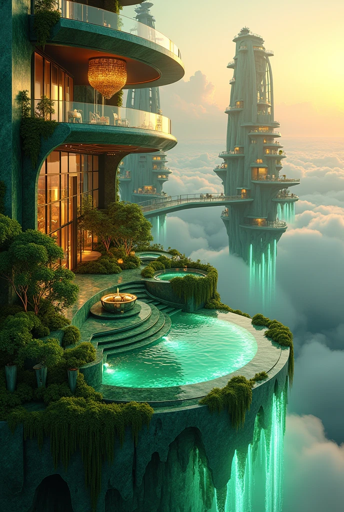 "Design an image of a grand, floating luxury penthouse suspended in the sky among emerald green clouds. The penthouse is made of reflective glass and polished emerald, with large, open terraces featuring lush emerald green gardens and cascading emerald waterfalls. The interior, visible through the glass walls, is furnished with opulent pieces in deep emerald green marble and gold, with chandeliers made of emerald crystal droplets that catch the light. Surrounding the penthouse, the clouds glow softly in shades of emerald and gold as the sun sets, creating an ethereal, dreamlike atmosphere. In the distance, other floating penthouses can be seen, each connected by glowing, emerald green bridges, adding to the surreal, luxurious landscape."