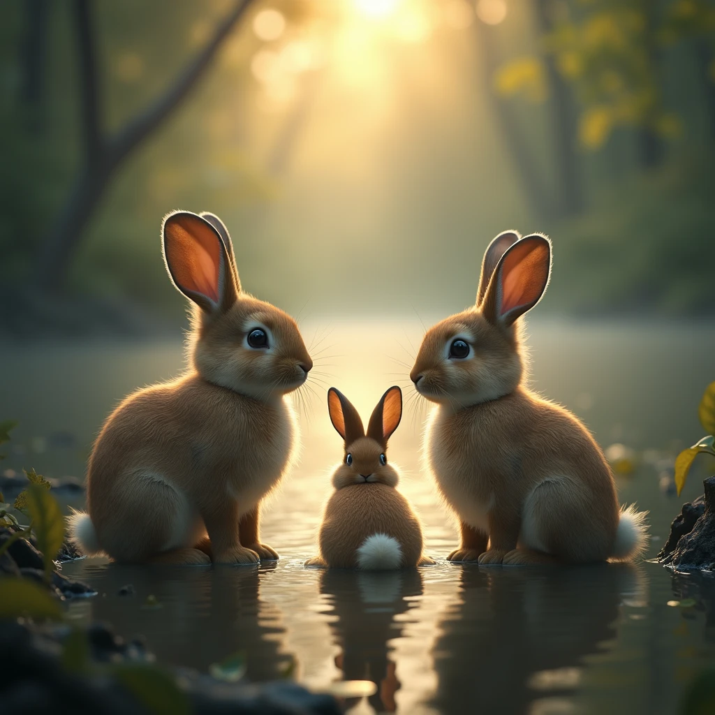 Lake in the forest、Overwhelming silence、Before dawn、Rabbit parent and child、There are 3 rabbits、Parental love、The value of life、The rabbit's ears are slightly small、The outer ear is narrow、The rabbits' fur is light brown、The rabbits' fur is fluffy、The rabbits are looking towards the direction of the light、The viewer is looking at the rabbits from the lower left.