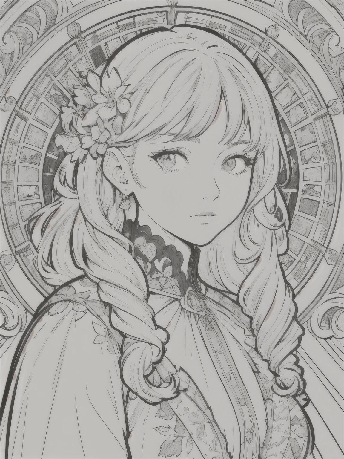 European woman face portrait、Long Curly Hair、blonde、Floral frame、Decorative panel、Abstract Art of Alphonse Mucha、sketch、Character Line、Scenes without color or shadows。 (masterpiece、Highest quality、High resolution:1.4)、detailed、複雑なdetailed、4K、Splashes of color、Line art、Fibonacci、