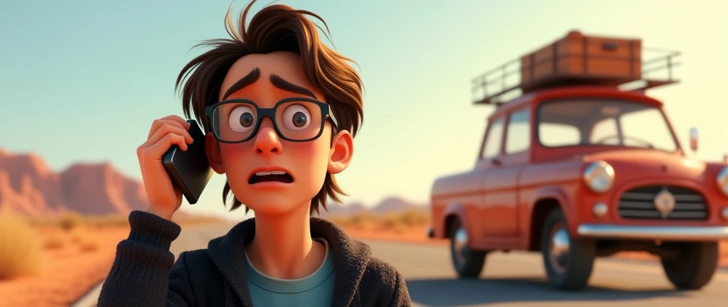 a male animated movie character in the Disney Pixar style, high qualiy, best quality , black fleece sweater blue shirt , Wear nerd glasses, , long hair , Happy young man , he's on the road in the desert near a gas station, worried in the hot sun, warmth , hand on head holding a cell phone, car next to it with luggage rack , facial expression open mouth