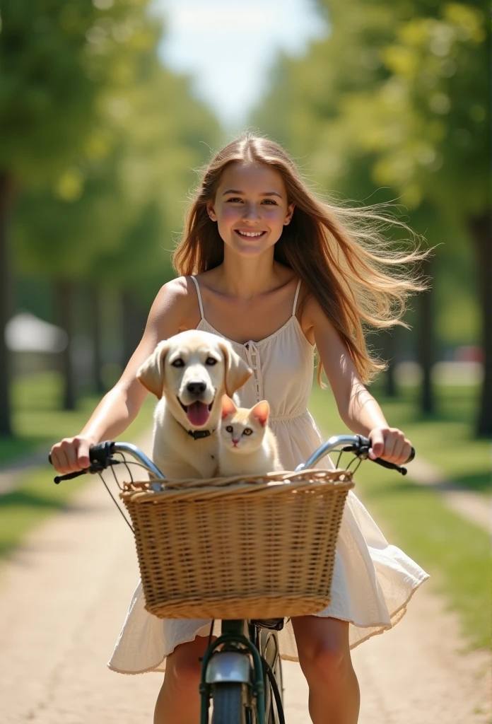 A teenage girl with flowing hair and pale, clear skin, a pretty and cute face with delicate features, riding a vintage bicycle through a picturesque park. A Labrador Retriever and a cute cat in the bicycle basket accompany her. She is wearing a light summer dress fluttering in the wind, and her smile radiates joy and freedom as she pedals along a tree-lined path. 8K Ultra HD, High Resolution Photo,