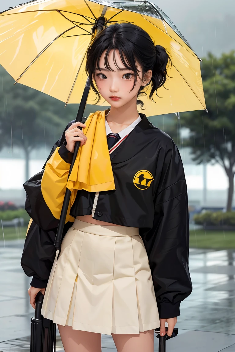 (((1 girl))), ((((alone)))), ((Messy Hairstyle)), Standing and taking pictures, (((I have black hair)), conjunctivitis, Korean school girl, holding yellow an umbrella, rainy day