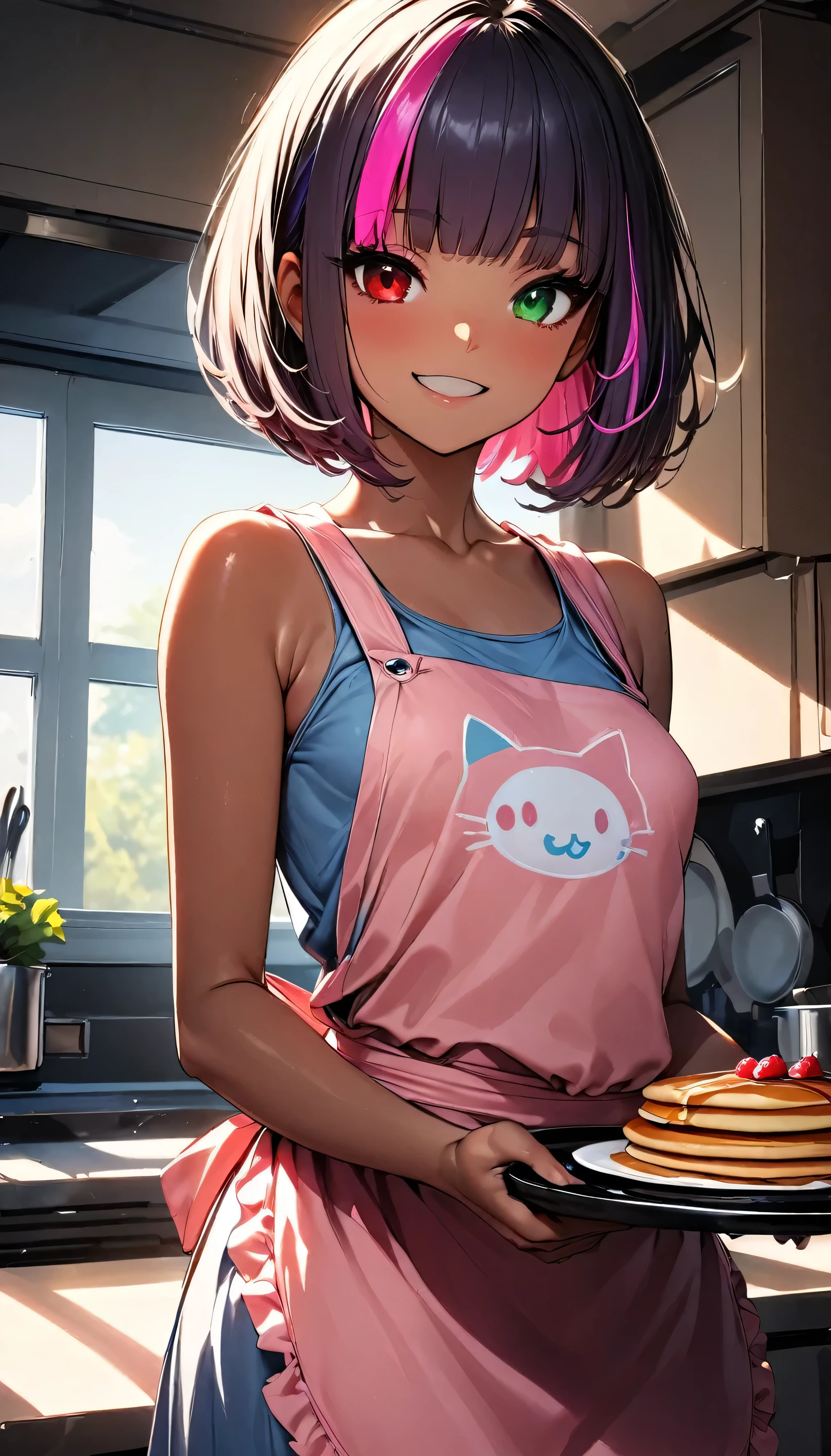 (highest quality:1.2, Very detailed, up to date, Vibrant, Ultra-high resolution, High Contrast, masterpiece:1.2, highest quality, Best aesthetics), Portraiture、girl、20-years-old, slim, , heterrochromia, green eye, red eye, stage、Bright colors、Beautiful fine details、Beautiful lip detail、extra short hair, ((bob cut:1.5))、pink and purple ((streaked hair:1.9)), (highlights hair: 1.6), ((small breast:1.3), (tan skin:0.7), cooking、((making pancakes:1.5)), (bright kitchen:1.5), big window background, (pink apron, cat design print)、tank top, (happy:2.5), ((cowboy shot:1))