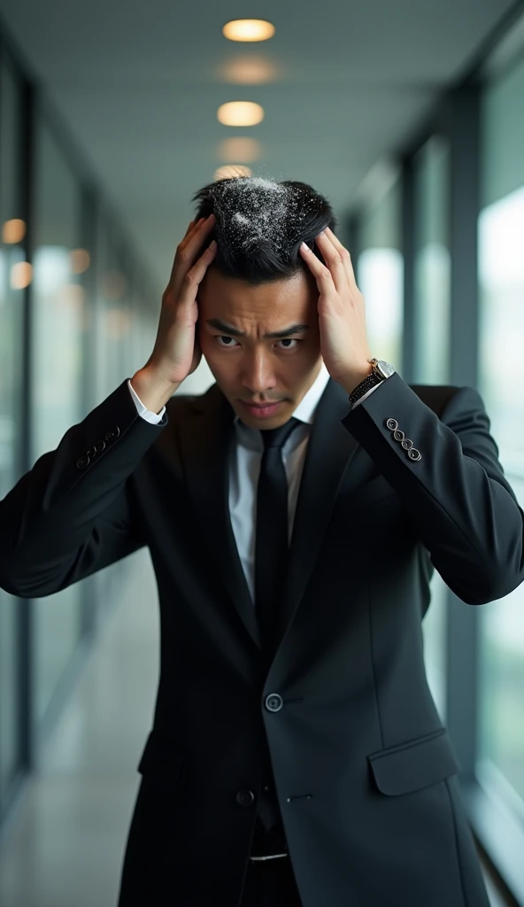 Create a handsome Asian man,Beautiful big eyes,Standing on the ground,Wears black professional attire,Scratching the scalp with both hands,There is a lot of dandruff on the top of the head,White fine dandruff on the top of the head,The expression is unhappy,The characters are realistic and realistic,Office Background,9:16 frames,Ultra-high-definition picture quality
