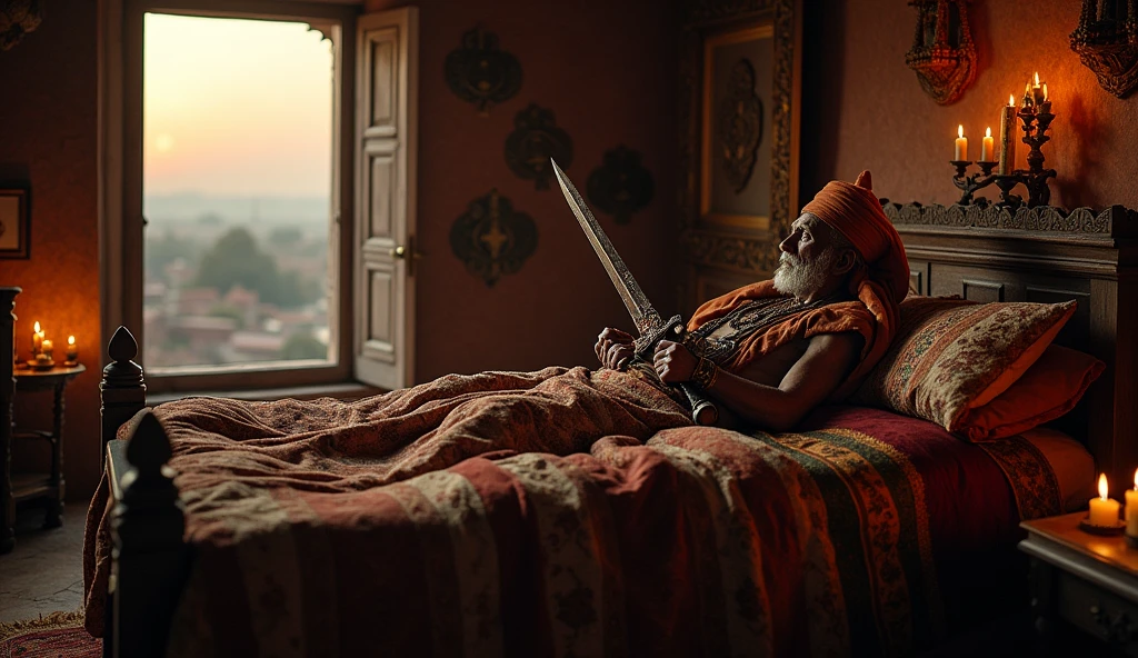 "An aged Maharana Pratap indian king lying on a simple bed in a modest chamber, weak and visibly ill, but with a sword firmly held in his hand. His eyes are still fierce and determined, reflecting his unyielding spirit. The room is dimly lit, with traditional Rajasthani decor, and a window showing the vast Mewar landscape outside.