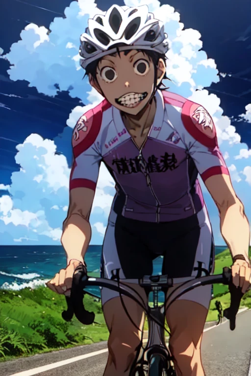 ride a bicycle, One person, alone, AKIRA_midousuji, black hair, black eyes, teeth, Cycle pro team wear, Seaside Road, Road race, Blue sky and sea, The shadows of the players, Strong winds, Wave Splash, Broad horizon