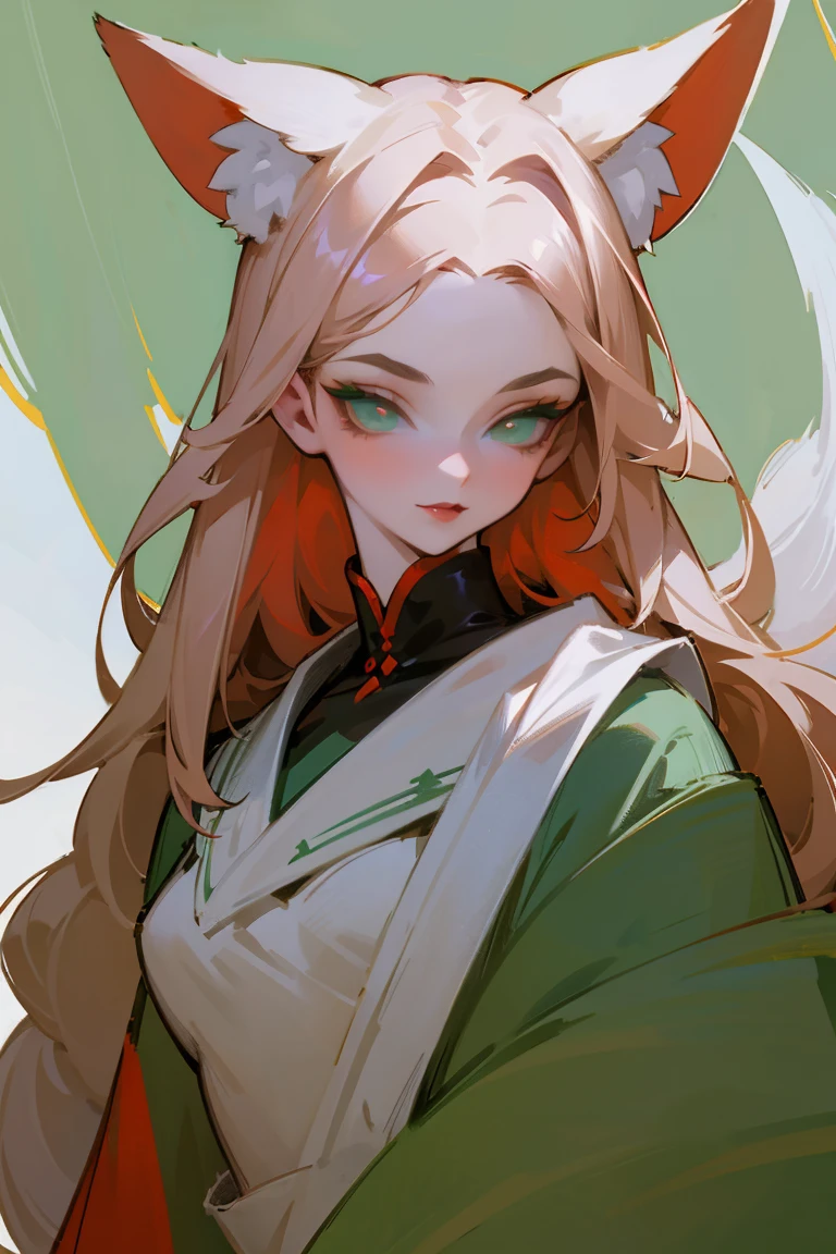 Painting standing upper body, Distant view, in panoramic view, Expensive, One, pale-skinned, (fox ears), Thoughtful eyes, Face details, Green-eyed, red eye shadow, The lips are red, white magical dress, Carefully, Perverted Smirk, ukiee painting, chedevr, high high quality, minimum, tiny,