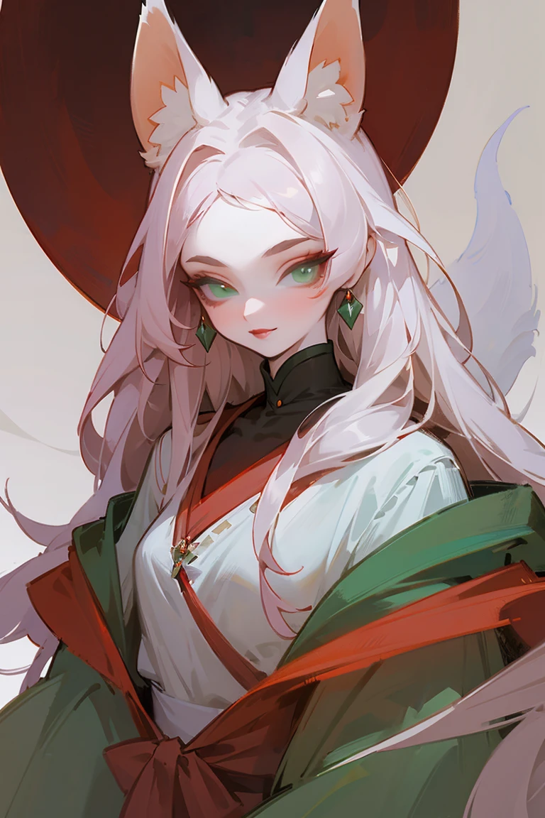 Painting standing upper body, Distant view, in panoramic view, Expensive, One, pale-skinned, (fox ears), Thoughtful eyes, Face details, Green-eyed, red eye shadow, The lips are red, white magical dress, Carefully, Perverted Smirk, ukiee painting, chedevr, high high quality, minimum, tiny,