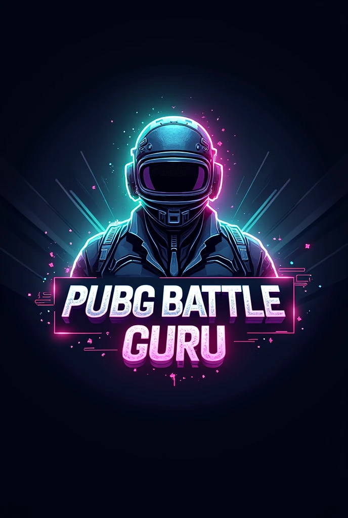 Create a futuristic logo for the 'PUBG Battle Guru' channel, blending high-tech elements with PUBG imagery. Incorporate a neon color scheme with glowing effects around a PUBG helmet or a tactical gear icon. The text 'PUBG Battle Guru' should be in a futuristic, digital font, with metallic textures and a dynamic, energetic layout