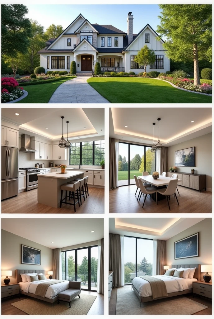 beautifully designed collage showing different aspects of a modern, elegant home. The collage includes the following views: a two-story house exterior with a landscaped front yard, a bright and spacious living room with contemporary furniture, a sleek and modern kitchen with an island and stainless steel appliances, and a cozy bedroom with a king-sized bed and soft, neutral decor. Each view is arranged in a visually pleasing way within the frame, with subtle borders separating each section."