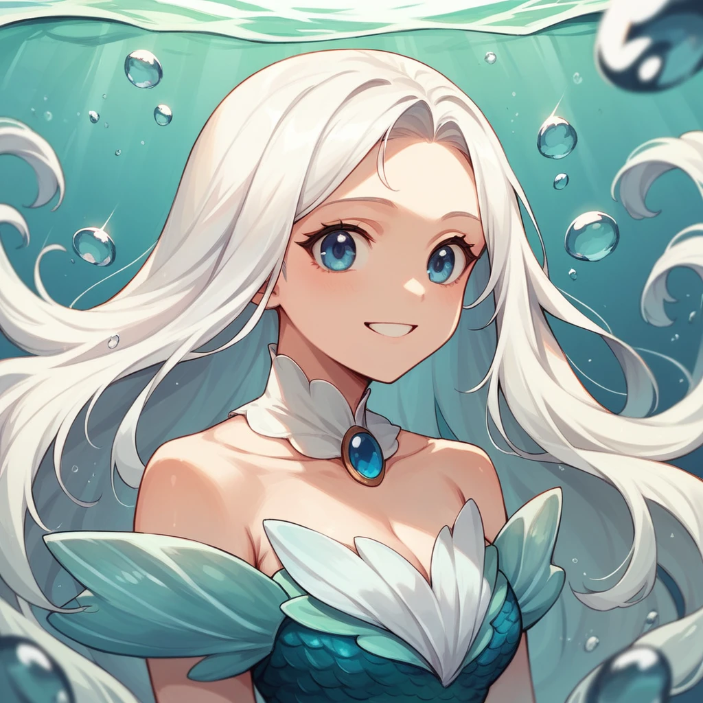 (best quality, masterpiece), 1 mermaid girl, upper body, cute girl, under the sea, (white long hair), straight hair, deep dark blue peyes, smile, whole body, no accessories