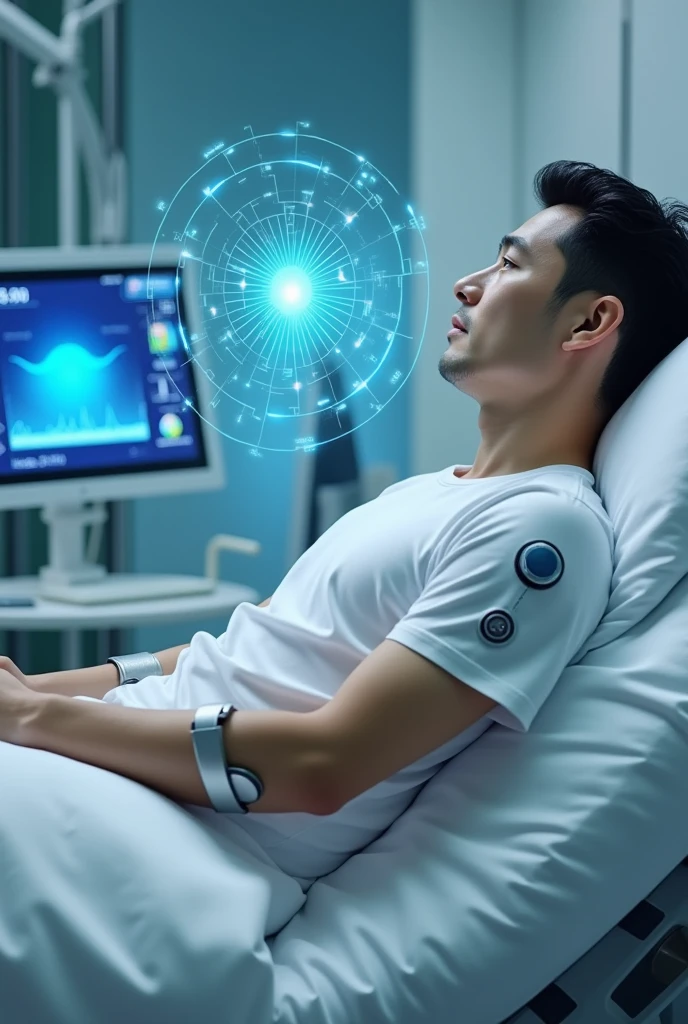 In a hospital setting,An Asian patient lying on the bed,Wearable sensors on the arm。at the same time,Above his chest,Equipped with millimeter wave radar detection system,Send electromagnetic waves to his chest。Beside him,A screen showing his vital signs。