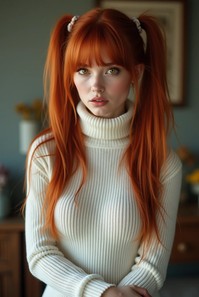 masterpiece, Highest quality, One person, alone, Are standing, Lips parted, Redhead, Twin tails, Very long hair, Yellow Eyes, Hair Scrunchie, Huge breasts, View your viewers, White sweater, Ribbed sweater, Sweater dress, Turtleneck sweater, Saggy breasts, Covered nipples,