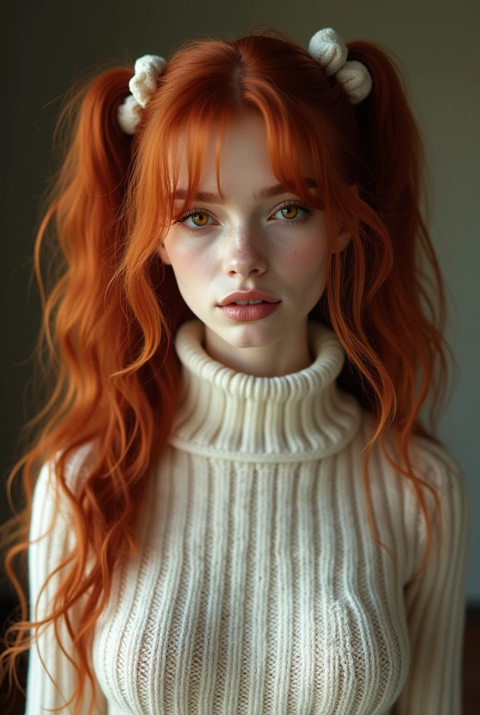 masterpiece, Highest quality, One person, alone, Are standing, Lips parted, Redhead, Twin tails, Very long hair, Yellow Eyes, Hair Scrunchie, Huge breasts, View your viewers, White sweater, Ribbed sweater, Sweater dress, Turtleneck sweater, Saggy breasts, Covered nipples,