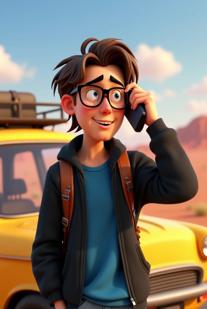 a male animated movie character in the Disney Pixar style, high qualiy, best quality , black fleece sweater blue shirt , Wear nerd glasses, , long hair , Happy young man , he's on the road in the desert near a gas station, worried in the hot sun, warmth , hand on head holding a cell phone, yellow car next to it with a luggage rack , facial expression open mouth
