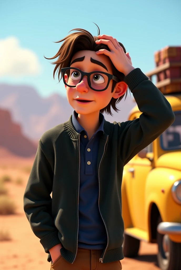 a male animated movie character in the Disney Pixar style, high qualiy, best quality , black fleece sweater blue shirt , Wear nerd glasses, , long hair , Happy young man , he's on the road in the desert near a gas station, worried in the hot sun, warmth , hand on head holding a cell phone, yellow car next to it with a luggage rack , facial expression open mouth