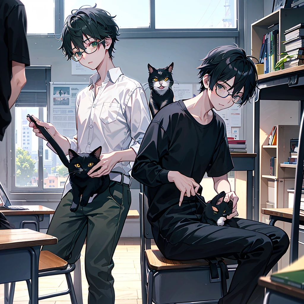 International students , boy (19 years old) , hair(black) , eye(Dark Green) , Wear glasses(black) , holding a little cat in the classroom