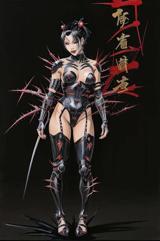 Woman ,ninja ,geisha, gothic,cyborgue,full body vision, armour,比基尼,with thorns