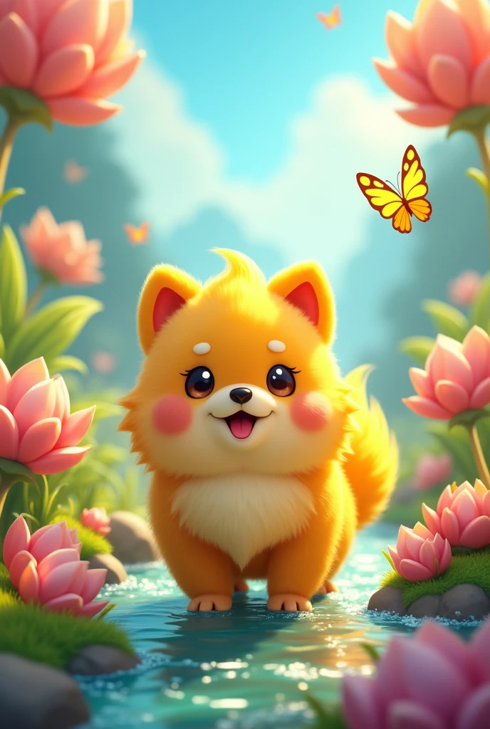 facing the front. A character in like a Pomeranian. Not human. The fur is yellow and conspicuous.Pokemon-like character