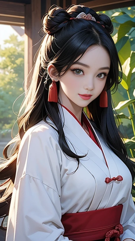 ( High resolution、 Super detailed)、masterpiece、Highest quality、High resolution、8k、Detailed Anime、Buildings from the Tang Dynasty、Tang Dynasty China、Tang Dynasty China、Young and beautiful woman、Beautiful Face、Beautiful Face、Pretty lips、Hanfu、(whole body)、Hair styled in a bright-colored round bun、Smiling eyes、Walking、Cowboy Shot、background、Buildings from the Tang Dynasty、Chang'an during the Tang Dynasty in China、Plum blossom、bamboo forest、Detailed CG、