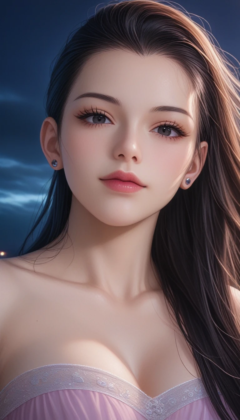score_9, score_8_superior, score_7_superior, High-resolution CG illustration,A masterpiece in 32K resolution,Highest quality,it is really amazing,Very detailed,Ultra-high resolution,Ultra-realistic,Realistic,Increased depth of field,Cinematic lighting,
Sexy mature Japan woman,
Glossy black hair,Straight Long Hair,Showing his forehead,god々Beautiful,Ultra-detailed and beautiful face,Sensual look,Beautiful dark brown, moist eyes,Pitch black eyes,Glowing, moisturized skin,Translucent white skin,born々New skin texture,Wet body,Great proportions,
Elegant resort dresses,
Design with a deep slit,Pastel-toned chic color scheme,詳細なborn地の質感,
A dark and blurry night background,Dark overcast sky on a dull night,Dark clouds filling the sky,Thundercloud,Coastline at night,Stormy seas,delay々A desolate sandy beach that continues,
Cinematic,Low - Angle,