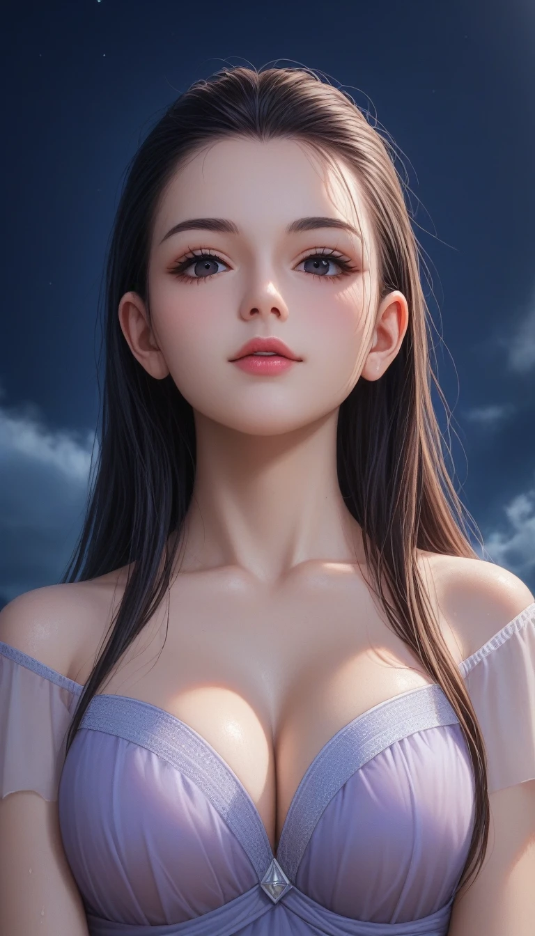score_9, score_8_superior, score_7_superior, High-resolution CG illustration,A masterpiece in 32K resolution,Highest quality,it is really amazing,Very detailed,Ultra-high resolution,Ultra-realistic,Realistic,Increased depth of field,Cinematic lighting,
Sexy mature Japan woman,
Glossy black hair,Straight Long Hair,Showing his forehead,god々Beautiful,Ultra-detailed and beautiful face,Sensual look,Beautiful dark brown, moist eyes,Pitch black eyes,Glowing, moisturized skin,Translucent white skin,born々New skin texture,Wet body,Great proportions,
Elegant resort dresses,
Design with a deep slit,Pastel-toned chic color scheme,詳細なborn地の質感,
A dark and blurry night background,Dark overcast sky on a dull night,Dark clouds filling the sky,Thundercloud,Coastline at night,Stormy seas,delay々A desolate sandy beach that continues,
Cinematic,Low - Angle,