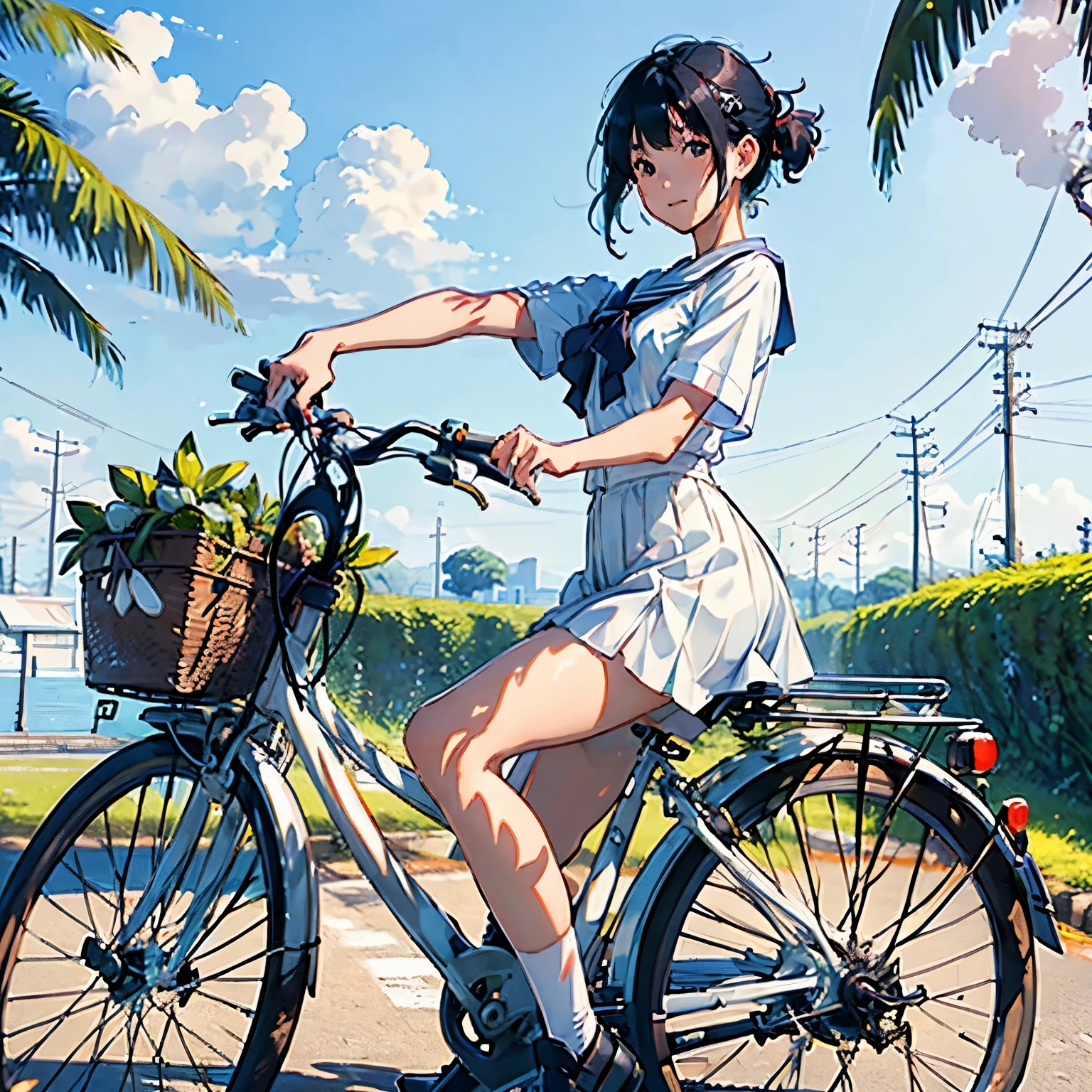 (A Japanese high school girl riding a white bicycle and running briskly)、A white sailor dress with short sleeves、Black Hair、black eye、Medium Hair、short hair、Straight hair、smile、Slim and well-proportioned body type,、Wear loafers、A gentle breeze、Palm tree、countryside、A little overgrown grass、Beautiful blue sky and white clouds、(Highest quality, masterpiece, High resolution)、8k、wallpaper、