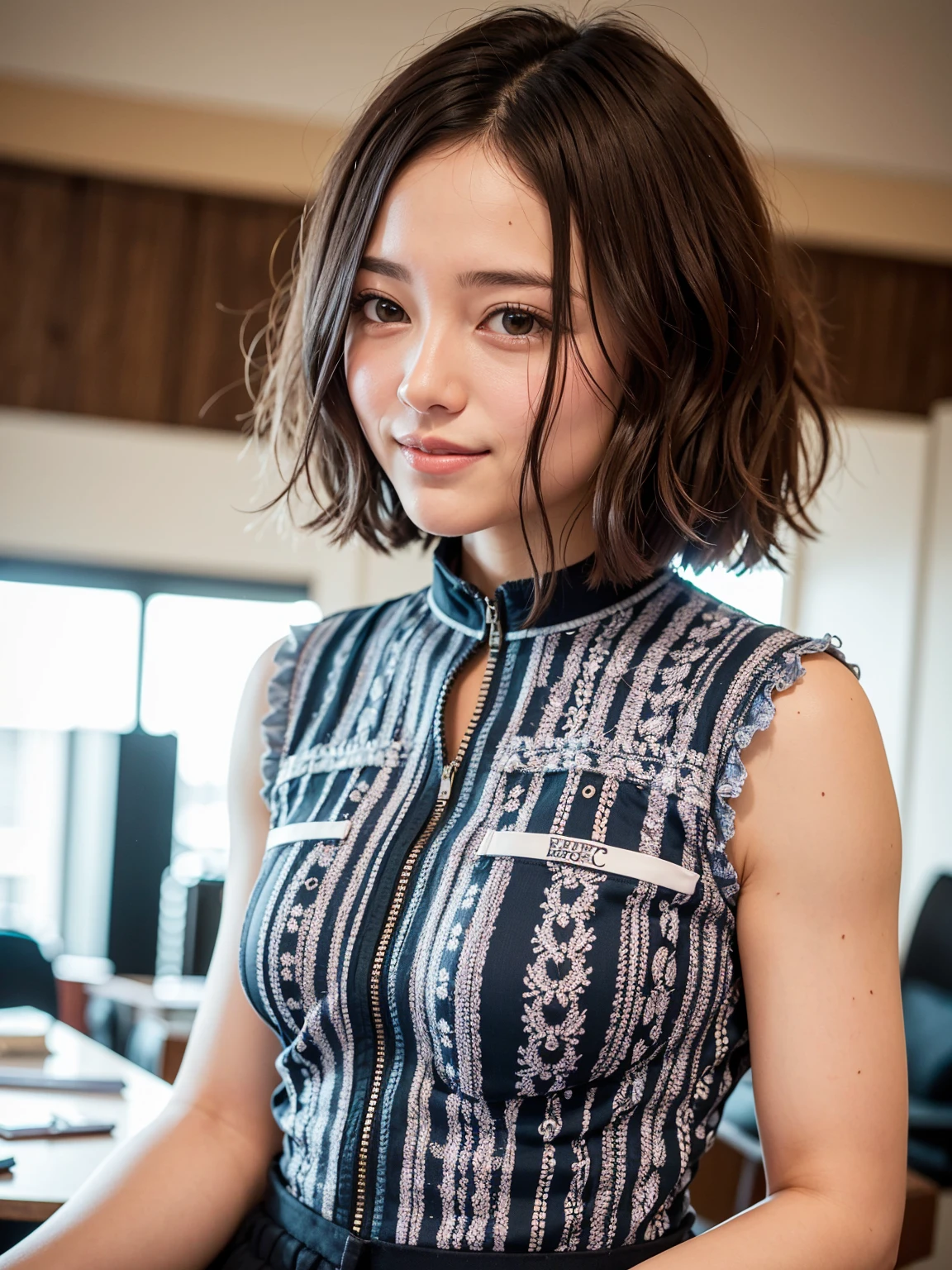 Top quality, A beautiful woman with an elegant yet casual style, shy smile, wearing a patterned shirt that features intricate designs, such as floral prints, geometric shapes, or abstract patterns. Her shirt is slightly unbuttoned at the top, adding a relaxed and confident vibe to her look. She has a soft and natural makeup, with her short hair styled in loose waves that frame her face gracefully. The colors of the shirt are vibrant yet harmoniously balanced, drawing attention to the unique pattern. She is standing in a chic, modern interior setting, with soft lighting that highlights her stylish appearance. swayback