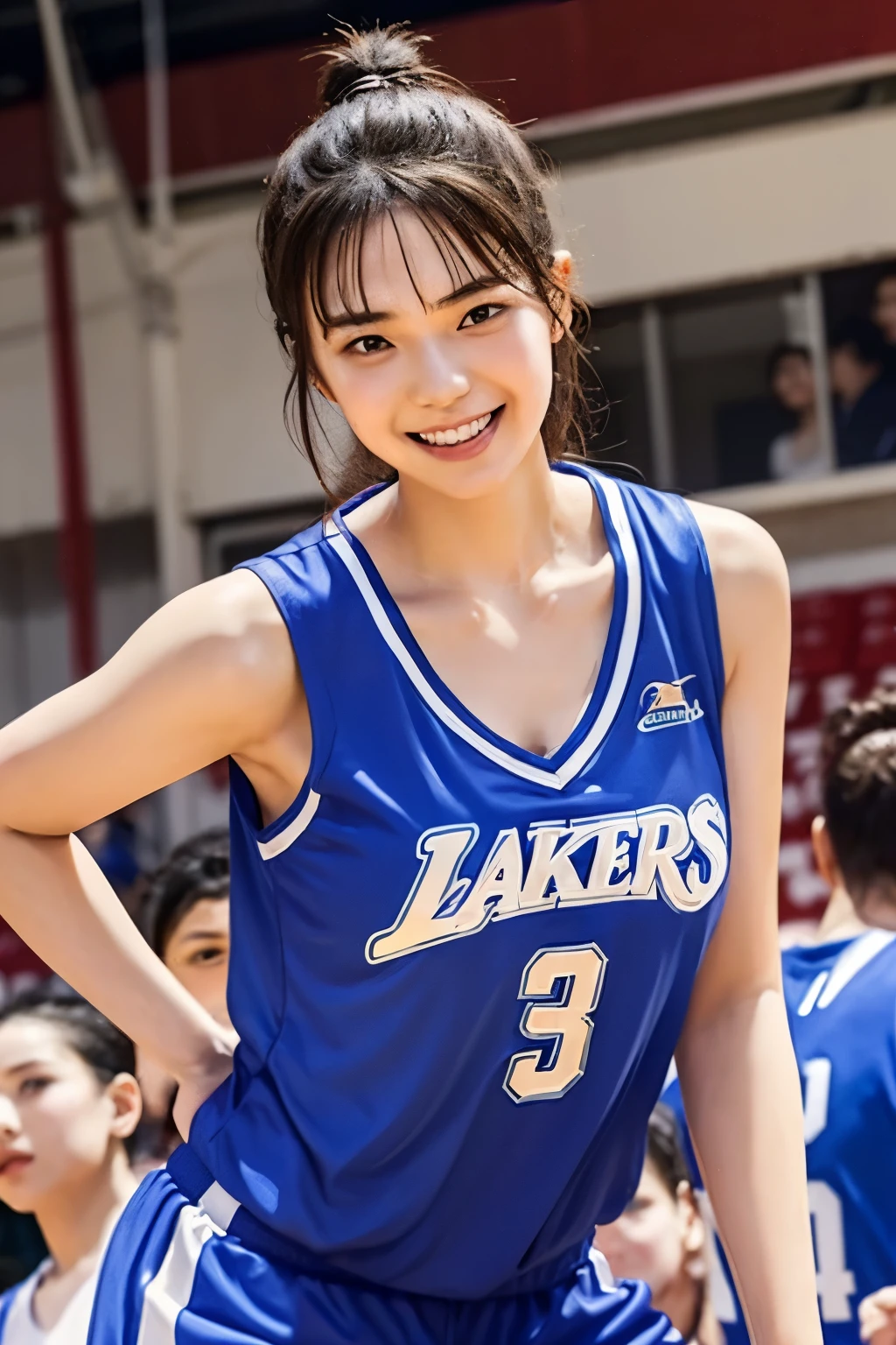 cute、Large Breasts、Slender body、Beautiful Face、、G Cup、Basketball Uniforms、Random hairstyle、During the game、Sweating profusely、Flushed Cheeks、whole body、Sweat dripping、White skin、Sweating、Basketball game、smile、Shorts、Sweating、Big Breasts