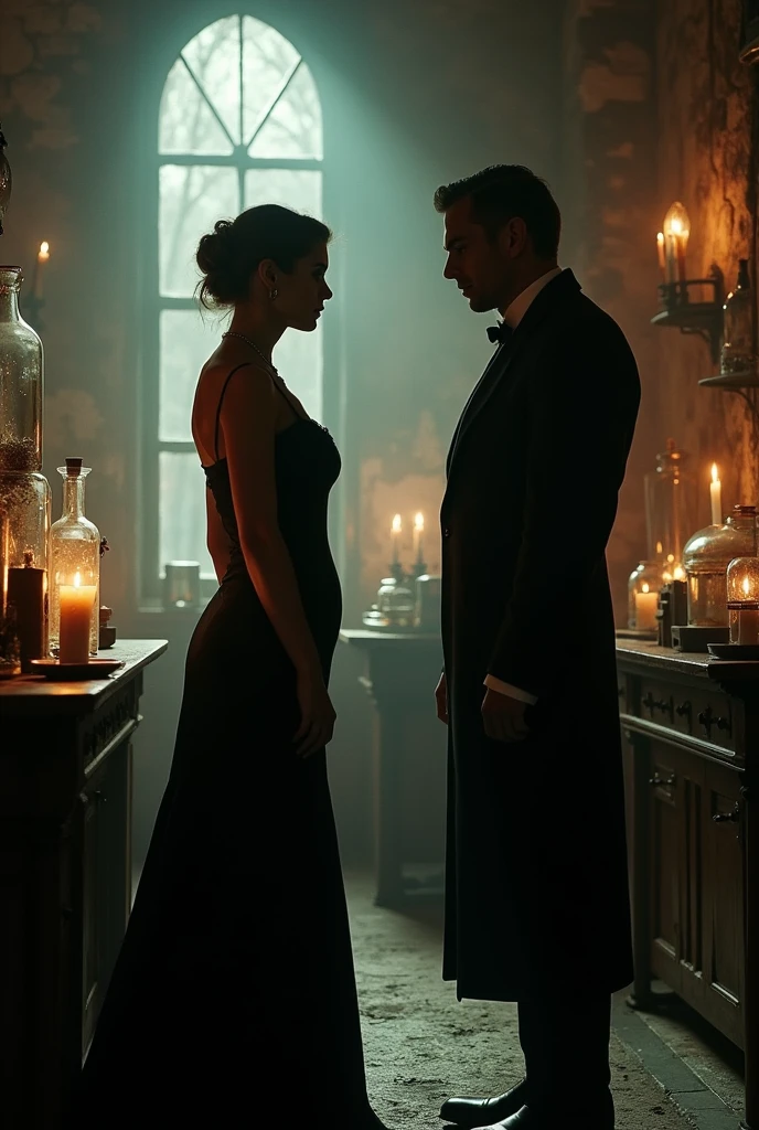 Full-length view, a tall, buxom, full-figured, pretty Victorian widow in a black dress, Fear-filled, Standing fearfully together with a sinister-looking gentleman in a dark ancient laboratory and talking to him , by Jean Béraud, inspired by Jean Béraud, inspired by Édouard Detaille, edouard leon cortes, inspired by Ivan Kramskoi, inspired by Jean-Louis-Ernest Meissonier, by Édouard Detaille, inspired by Paul Émile Chabas