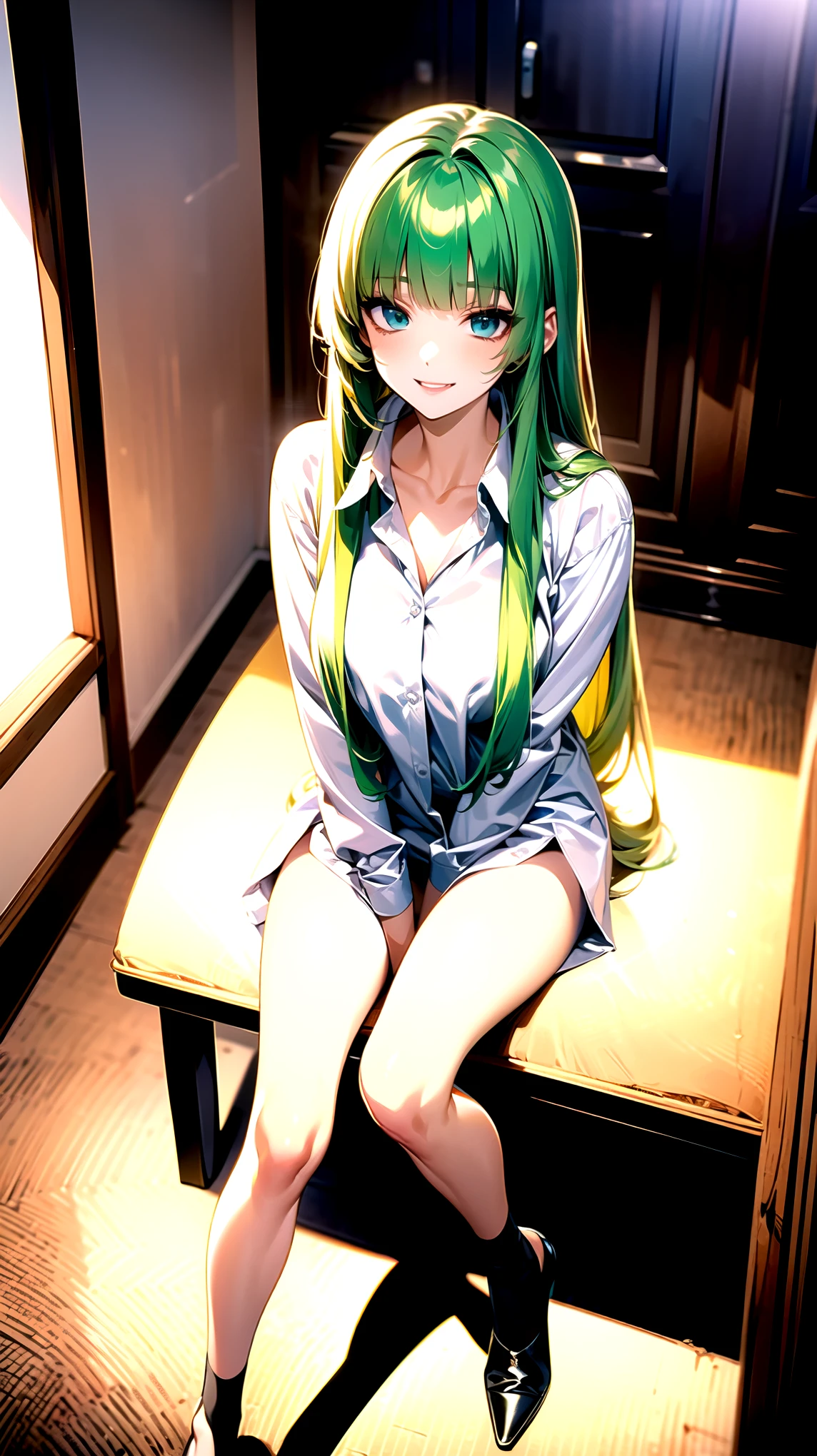 ((super high quality,Ultra-high resolution,4K,8k,super masterpiece,Ultra HD ,Detailed shading)),Full body photo,A room where the morning sun shines,1 high school girl,BOYFRIEND shirts,Extremely long, straight, emerald green hair,Side-swept bangs,Light blue eyes,Sharp gaze with raised eyebrows,smile,Looking up,